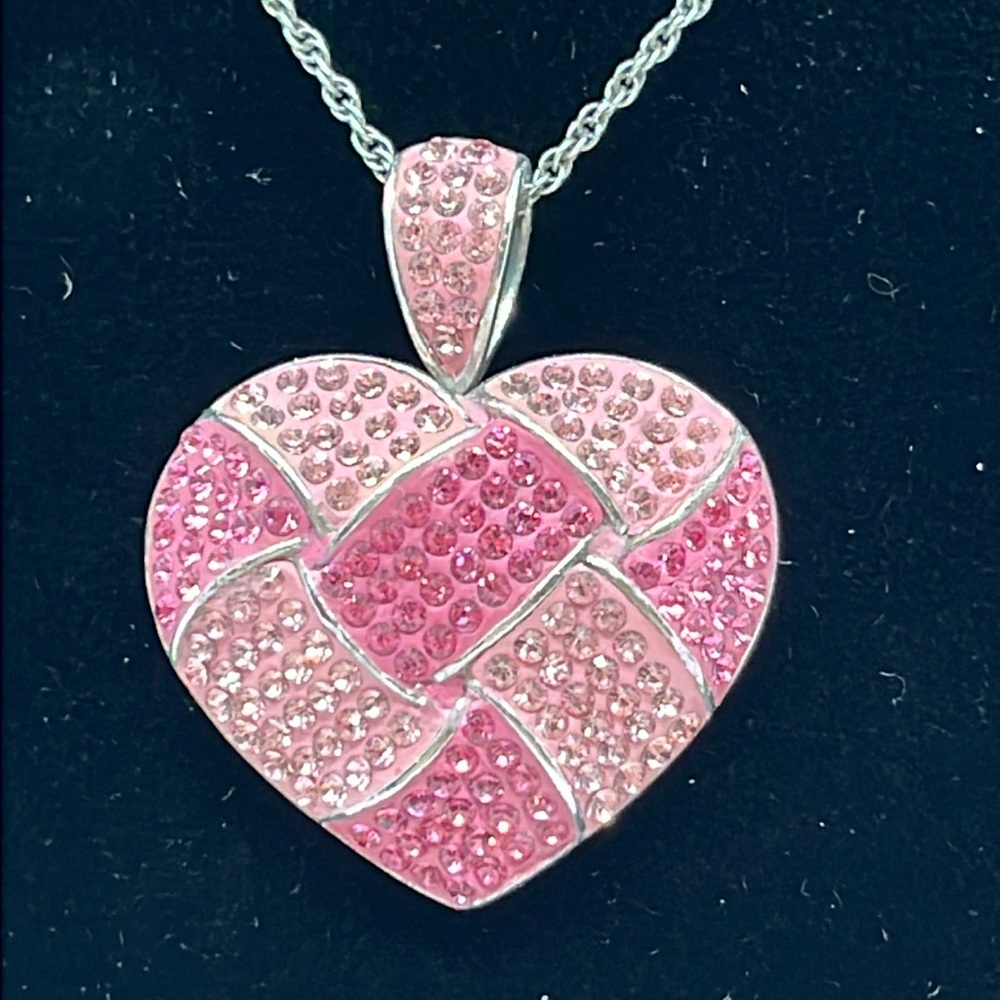 Sterling silver and pink rhinestone Quilted Heart pendant and necklace 925